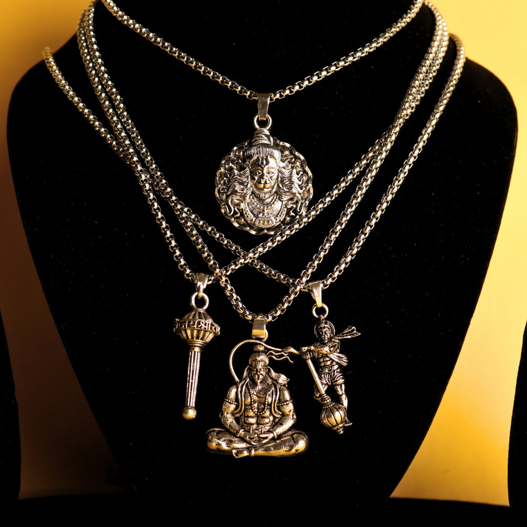 Set of 4 Lord Hanumanji Silver Coated Pendant Combo