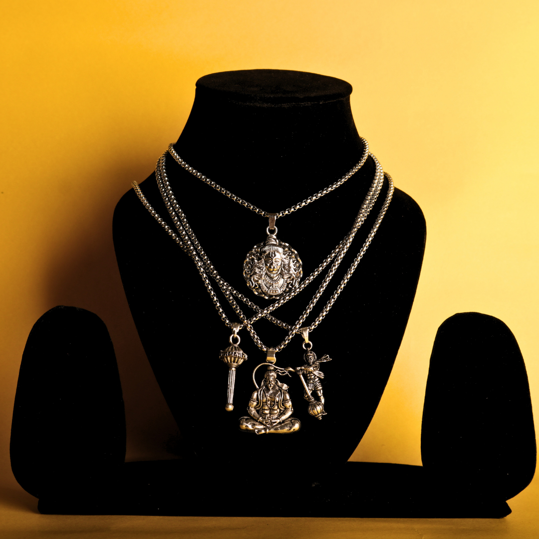 Set of 4 Lord Hanumanji Silver Coated Pendant Combo