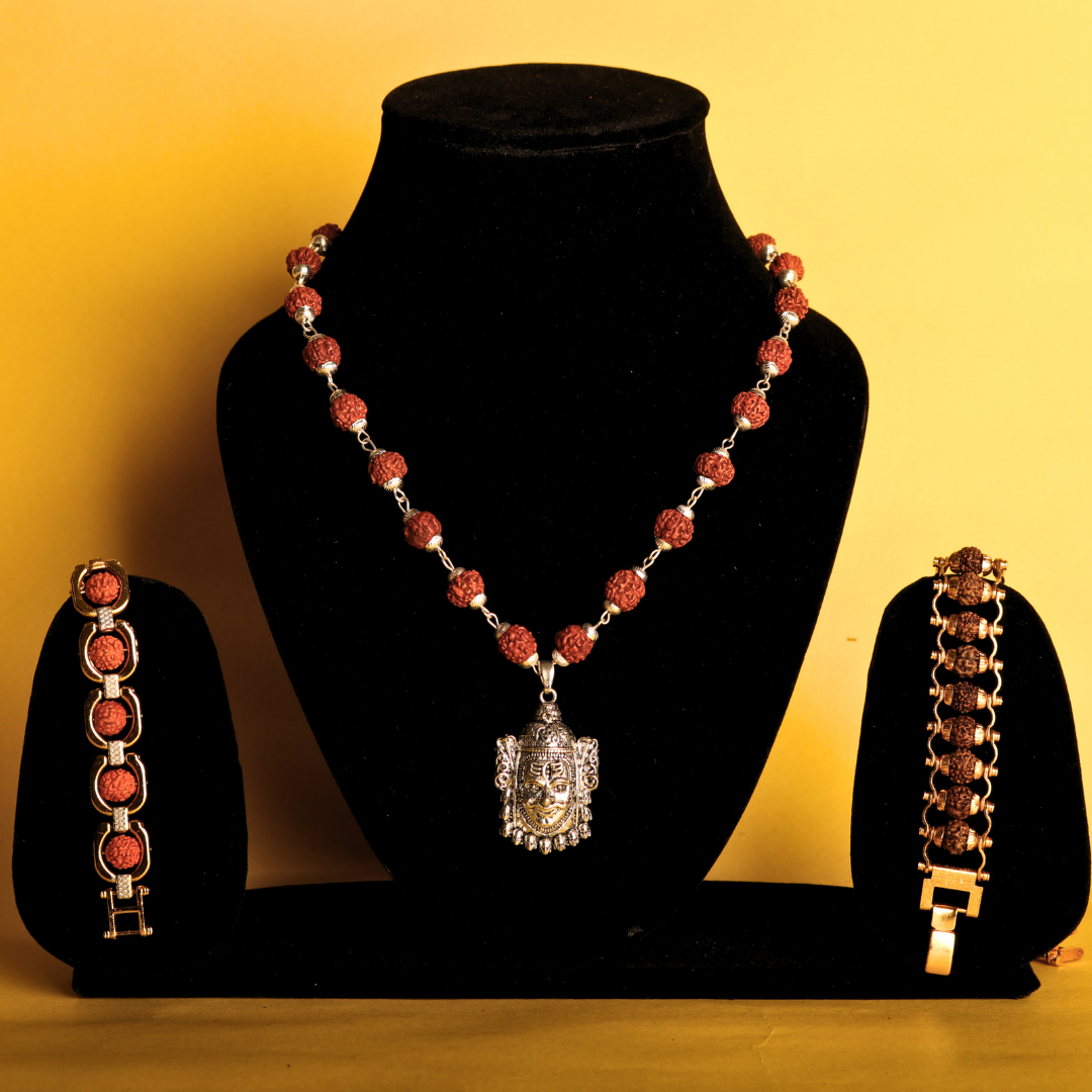 Mahadev Power Trio – Rudraksha Mala + 2 Bracelets Combo (Gold & Silver Finish)