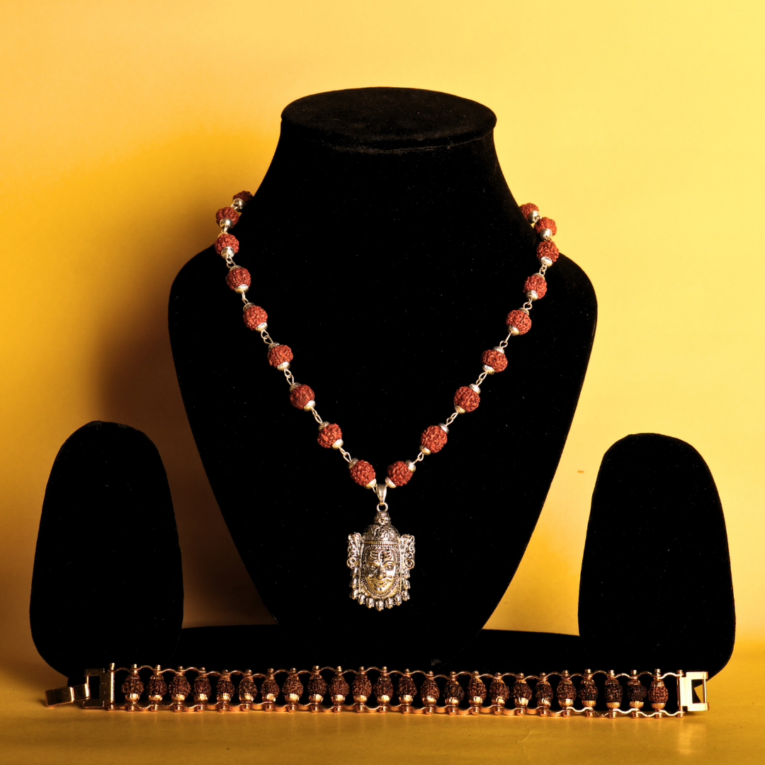 Mahadev Spiritual Duo – Rudraksha Mala & Gold-Plated Bracelet Combo
