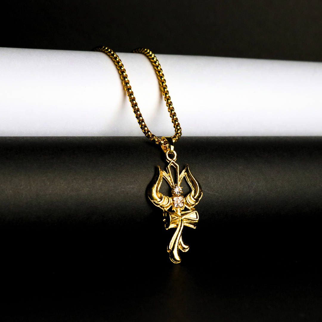 Trishul Om & Damru Pendant with Chain – Divine Symbol of Lord Shiva