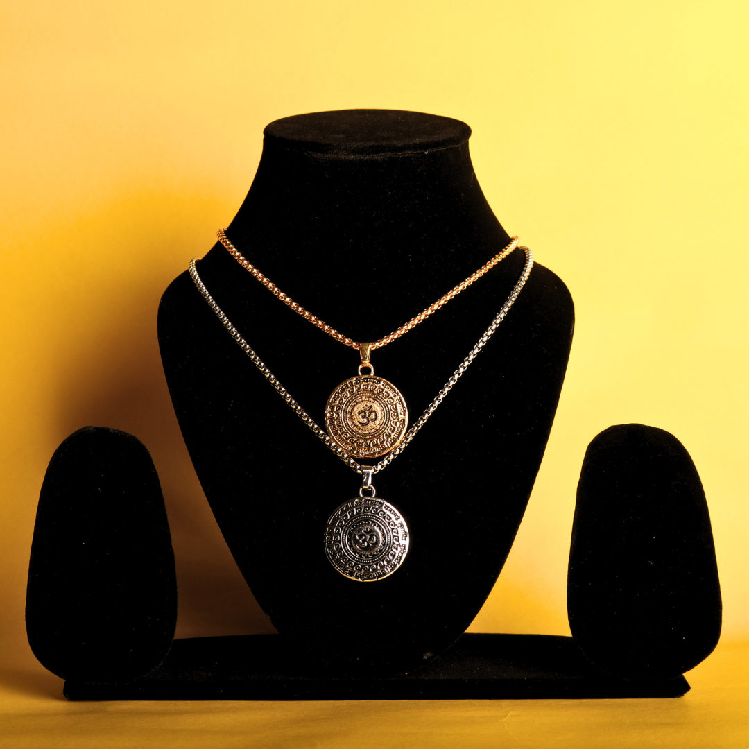 Premium Set of 2 Maha Mrityunjaya Mantra Necklaces – Silver & Gold Plated for Spiritual Power