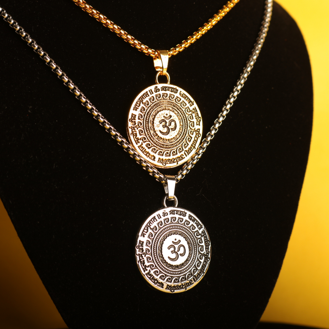 Premium Set of 2 Maha Mrityunjaya Mantra Necklaces – Silver & Gold Plated for Spiritual Power