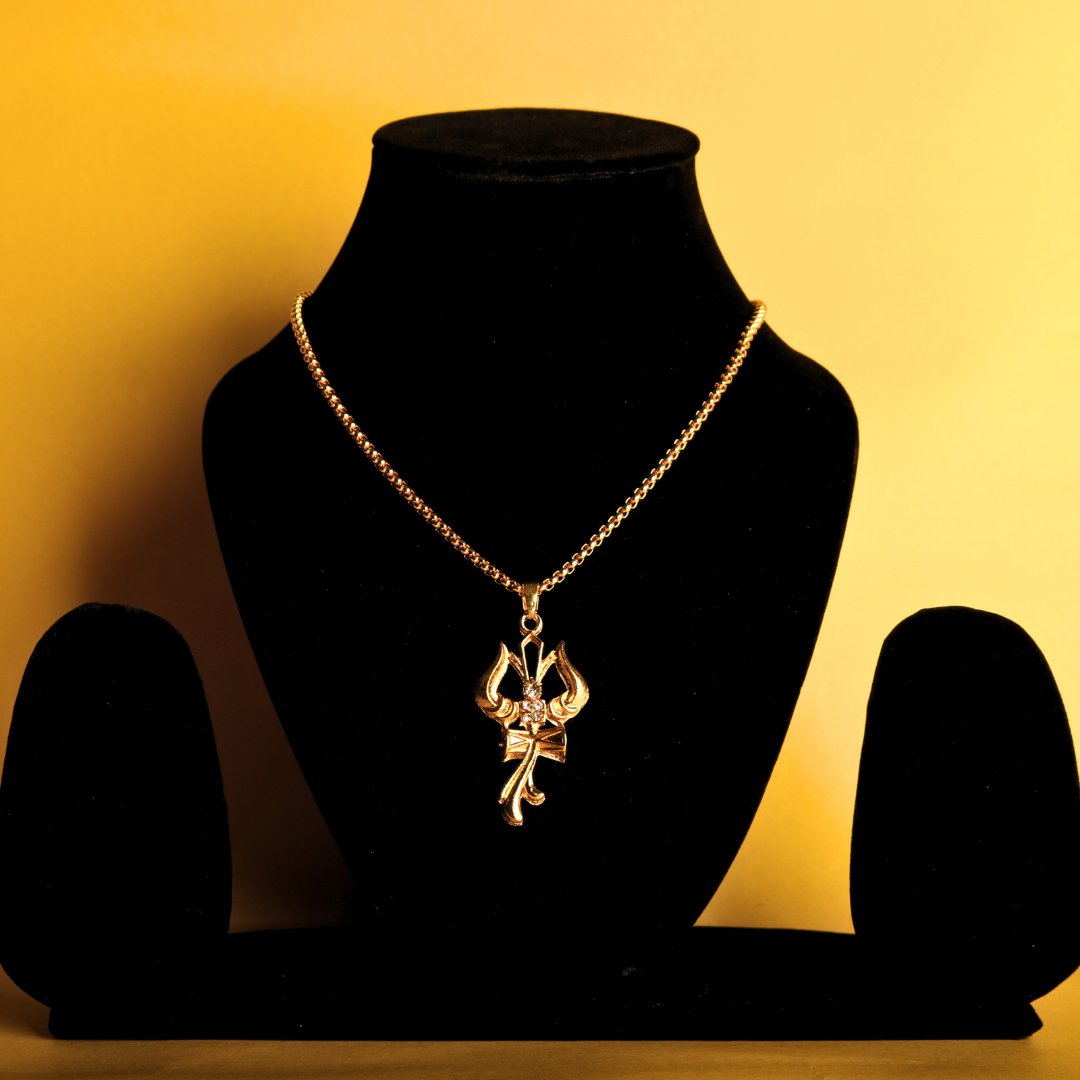 Trishul Om & Damru Pendant with Chain – Divine Symbol of Lord Shiva