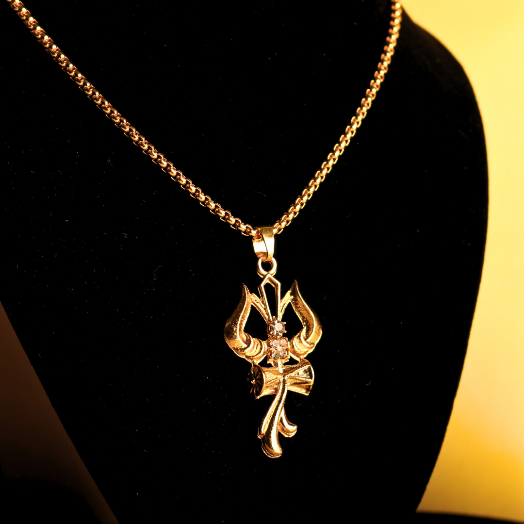Trishul Om & Damru Pendant with Chain – Divine Symbol of Lord Shiva